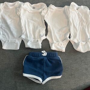 Bundle of 4 white Gerber onesie bodysuits with Blue Gym Shorts - Newborn